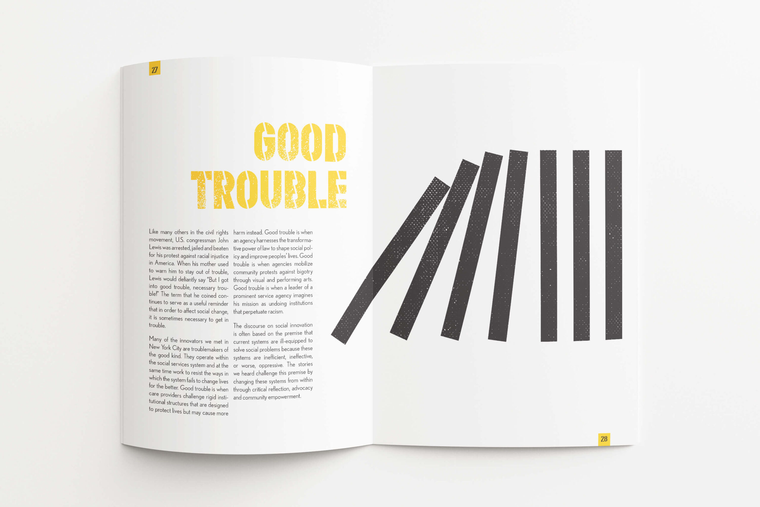Layout design of a page spread in "Social Innovation for Social Justice"